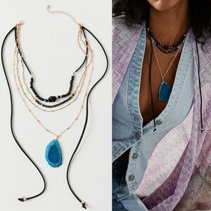 Free People Texas Stone Layered Necklace Bohemian Geode Stone Tassels